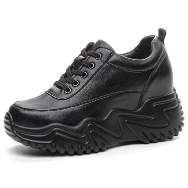 Imagem de AONEGOLD Tênis plataforma de salto alto feminino moderno couro grosso tênis casual caminhada tênis com cadarço aumento 8 cm, Preto 1315, 4.5 Narrow
