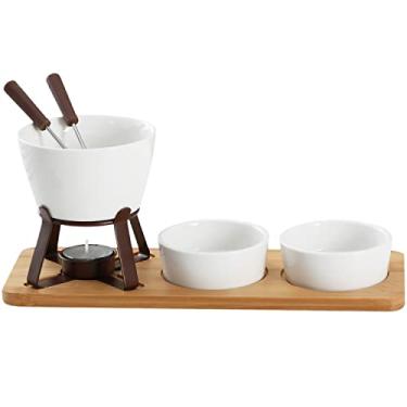 Imagem de Sizikato Conjunto de fondue de chocolate de porcelana branca, com 2 garfos de frutas e 2 tigelas pequenas e bandeja de madeira, 300 ml