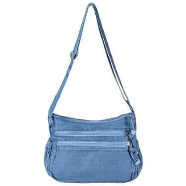Imagem de Bolsa jeans feminina transversal de ombro casual estilo retrô leve, Azul claro, Medium