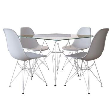 Imagem de Jogo de Mesa Eames de Ferro Branco e Tampo Quadrado Vidro 90cm - 4 Cad