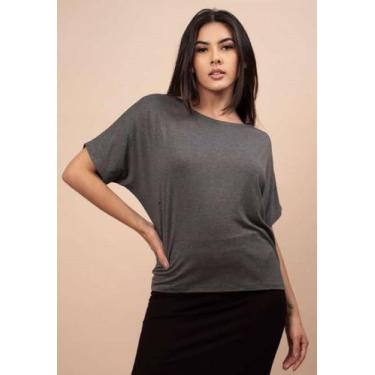 Imagem de Blusa Básica Morcego Malha Gola Canoa Manga Curta Azul Mescla - Amazon