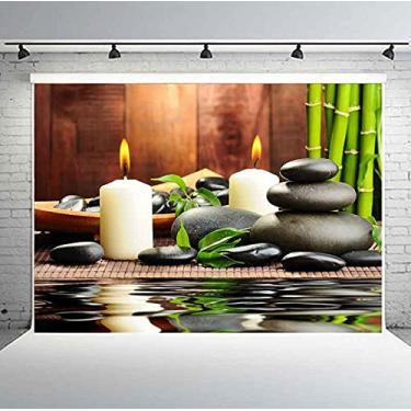 Imagem de PHMOJEN Pano de fundo para meditação, vela de pedra zen de bambu, piso de madeira de água, banner de mesa de sobremesa, decoração de estúdio, adereços de fotografia de estúdio de 2,1 x 1,5 m BJQQPH327
