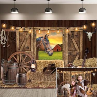 Imagem de Pano de fundo de cowboy ocidental rústico oeste casa de madeira fazenda porta de celeiro fundo fotográfico para crianças adultos tema caubói selvagem decoração de festa de aniversário banner (208 x