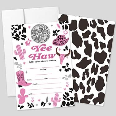 Imagem de AEHIE 20 conjuntos de convites de festa de aniversário com envelopes, rosa choque rodeio disco vaqueira Yee Haw cartões de convite impressos dupla face para meninas adolescentes, convites temáticos de