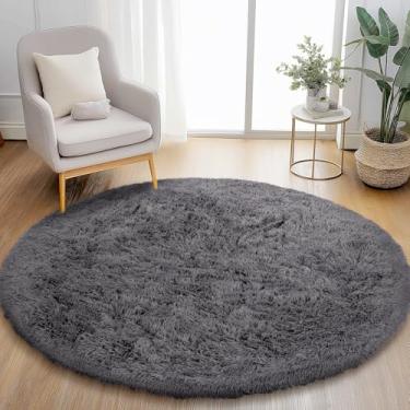 Imagem de Puremy Tapete redondo cinza para quarto, tapetes redondos fofos de 10 x 10 cm para quarto de crianças, tapete circular macio e felpudo para berçário, sala de estar, tapete antiderrapante para