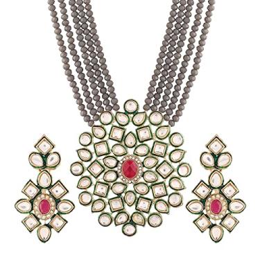 Imagem de Jewar Colar em camadas, contas de cristal ônix, banhado a ouro, pérola, polki, zircônia, multipedras, tom dourado, meena funciona com brincos correspondentes, conjunto de joias longas para mulheres e meninas, Latão, Zircônia cúbica