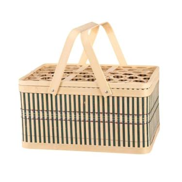 Imagem de Ioensy Cesta de bambu trançada Cesta de cesta portátil com alça Cesta de armazenamento de alimentos Cesta de compras para lanches Camping Bolo, a