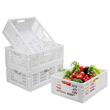 Imagem de Pacote com 4 caixas de armazenamento dobráveis Caixa de plástico dobrável Organizador de gaveta, cesta de armazenamento empilhável de alimentos Frutas Legumes Garrafas Organizador de brinquedos Cestas para escritório em casa Quarto Cozinha - Branco
