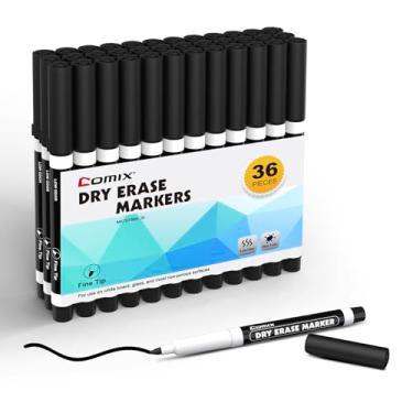 Imagem de Comix Marcadores apagáveis a seco de ponta fina, marcadores de quadro branco de baixo odor, 36 marcadores pretos a granel para crianças, professores, material escolar e de escritório