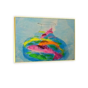 Imagem de JZSDGB Walasse Ting Prints-Free as a Fish Poster-Famous Oil Paintings Reprodução Moderna Impressão em Tela Arte Abstrata Impressão em Tela Arte de Parede 60x80cm Moldura Dourada