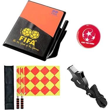 Imagem de Wrzbest Kit de árbitro de futebol americano bandeiras de linesman, apito de árbitro, moedas de arremesso e cartões amarelos com caderno - conjunto de acessórios de árbitro 4 em 1 47,5 cm