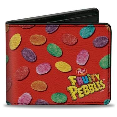 Imagem de Carteira Flintstones, dobrável, logotipo Post Fruity Pebbles e cereais espalhados em vermelho multicolorido, couro vegano