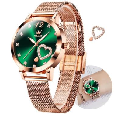 Imagem de Relógio OLEVS Rose Gold para mulheres com rosto verde e diamantes