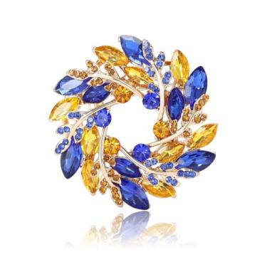 Imagem de Broche de trigo azul amarelo strass planta e flor terno lapela pinos para mulheres homens joias presente, 2.4*2.4in, Metal, Strass