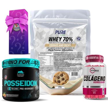 Imagem de Kit Whey Protein Cookies + Colágeno 120 Cápsulas Vitamax + Pré Treino Posseidon-Feminino