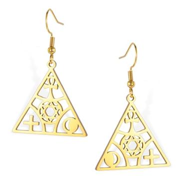 Imagem de Amaxer Brincos femininos em forma de pirâmides egípcias com cruz Ankh Estrela de Davi e lua pendurados com símbolo antigo, Medium, Aço inoxidável, Sem pedra preciosa