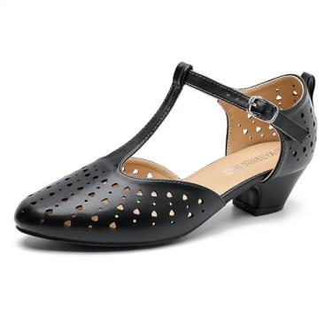 Imagem de MAIERNISI JESSI Sapato social feminino com tira em T, vazado, salto grosso, Mary Jane, bico fechado, Preto fosco, 37