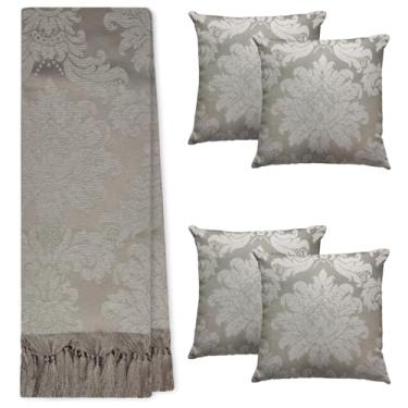 Imagem de Jogo Manta Xale para Sofá Artesanal com Franjas Grande 2,80 x 3,00 com 4 Almofadas Cheias (72 CINZA E OFF WHITE)