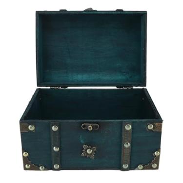Imagem de Caixa de baú de Tesouro Vintage, Caixa de Jóias Caixa de Armazenamento Decorativo de Madeira Com Detalhes Em Metal de Liga Ideal para Decoração de Casa (Verde)