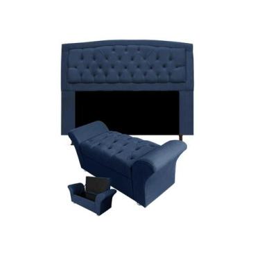 Imagem de Kit Cabeceira Geovana Com Baú Veneza Queen 160 cm Suede Azul Marinho -