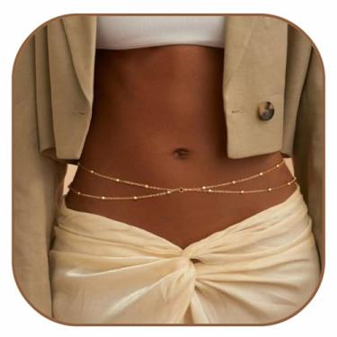 Imagem de Corrente de cintura dourada para mulheres, corrente de barriga de contas de cobre em camadas cruzadas de ouro para a cintura ajustável corrente de biquíni sexy para o verão correntes corporais