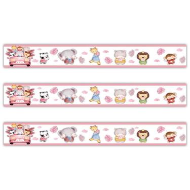 Imagem de Kit 3 Faixas Decorativas Papel Parede Infantil Animais Carro Titulo Rosa