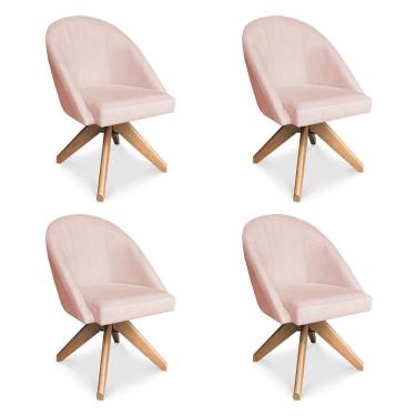 Imagem de Kit 04 Poltronas Cadeira Giratória Bela Suede Rosa Bebê Base De Madeira - Pallazio