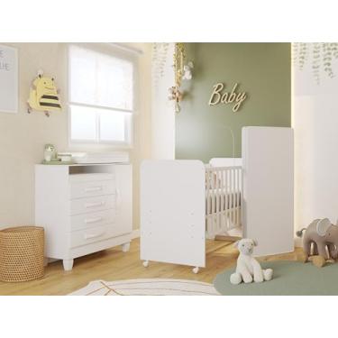 Imagem de Quarto Infantil Completo Com Berço Americano Com Grade De Proteção Lateral Conforto Luxo Com Cômoda Premium Infantil Elegante Moderno Cantinho Do Bebê Aconchegante Com Colchão Cor Branco/MultiFlex