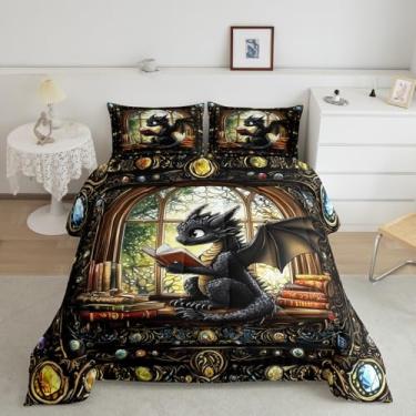 Imagem de Jogo de cama queen com desenho animado de dragão infantil, estante de livros de leitura, decoração de quarto de meninas e meninos, edredom vintage geométrico, patchwork, preto, nobre chique, 2 fronhas