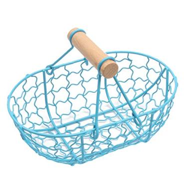 Imagem de Cesta de frutas com cabo de madeira retrô de metal portátil para armazenamento de ovos, frutas e vegetais, cesta de frutas