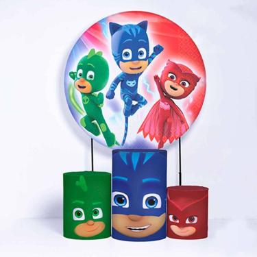 Imagem de Kit Painel de Festa Redondo de 1,80m e Trio de Cilindros PJ Masks - Fera Print