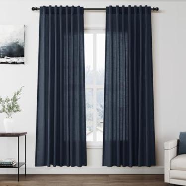 Imagem de Cortinas de linho azul vintage 182 cm de comprimento para sala de estar, cortinas de porta leves, conjunto de 2 painéis para quarto de crianças, filtro de luz, cortina traseira com bolso para varão