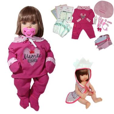 Imagem de Boneca Bebê Mamãe Reborn Silicone Bolsa + 28 Itens Rosa Pink