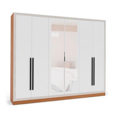 Imagem de Guarda-Roupa Casal com Espelho Valência 6 Portas 4 Gavetas Freijó e Branco