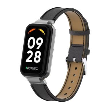 Imagem de T-BLUER Pulseira de substituição de couro compatível com Xiaomi Redmi Band 2, acessórios de substituição com moldura de metal para Xiaomi Smart Band 8 Active, preta