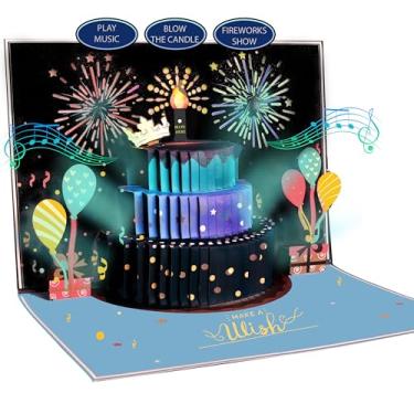 Imagem de DOUBLESHOOT Cartões de feliz aniversário pop-up 3D para homens – fogos de artifício de LED e música com vela iluminada, coroa dourada, balões 3D (21 x 14 cm)