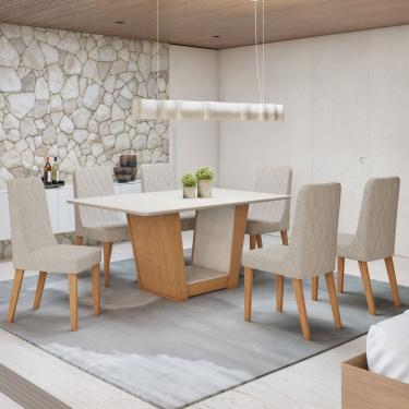 Imagem de Conjunto Apogeu 170cm Tampo MDF com 6 Cadeiras Luar Amêndoa Clean/Off White/Boucle Bege