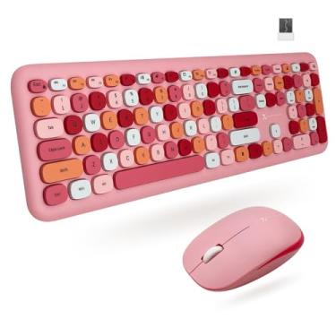 Imagem de Conjunto de teclado e mouse sem fio X9 rosa fofo – estilo máquina de escrever retrô de 2,4 G com teclas estéticas – Combo de teclado e mouse rosa choque colorido para PC, laptop, Windows e Chrome