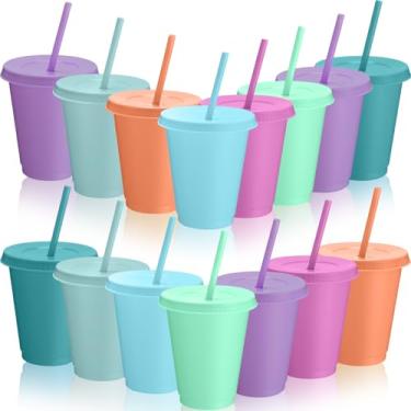 Imagem de Sieral Pacote com 15 copos com canudos e tampas copo infantil com canudo garrafa de água reutilizável café gelado caneca de viagem copos de plástico para festas 473 ml (cores macarons)