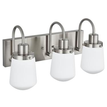 Imagem de Yaohong Luminária De Banheiro Em Níquel Acetinado, Moderna 3 Luzes Sobre O Espelho, Arandelas Parede Com Cúpulas Vidro Branco Leitoso, Para Quarto, Corredor E Sala Estar, Base E26
