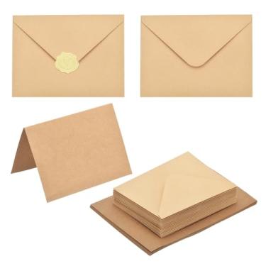 Imagem de PATIKIL Pacote com 50 envelopes marrom claro 10 x 15 cm com cartões, envelopes A6 de aba V com cartolina e adesivos dourados para cartões comemorativos de casamento, convites de aniversário, envio por