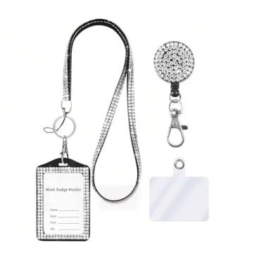 Imagem de Cordão de pescoço de cristal 3 em 1, suporte de crachá de identificação brilhante, suporte de cartão de nome de trabalho com strass retrátil para professora, enfermeira, médica, aba de segurança para
