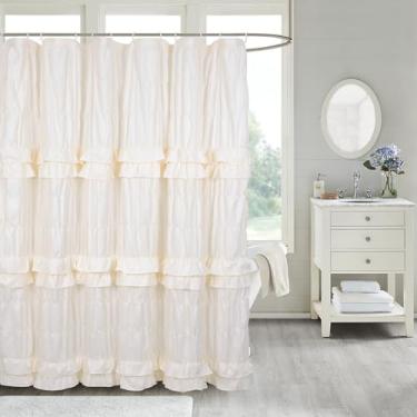 Imagem de YINFUNG Cortina de chuveiro com babados marfim, cortinas de banheiro vintage chiques surradas branco creme vitoriano feito à mão boho casa de fazenda feminina francesa decoração de renda 183 x 213 cm
