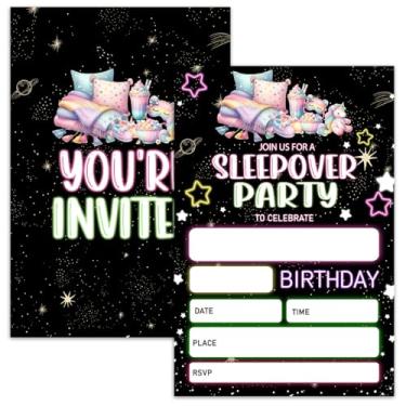 Imagem de Nopoben Cartões de convite de aniversário da festa do pijama para meninas e mulheres, convites de festa com luz neon para adolescentes adultos, 20 cartões de convite de preenchimento dupla face com