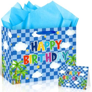 Imagem de Saco de presente de aniversário com tema de jogo para ouriço saco de papel de embrulho com cartão de felicitações ouriço azul para bebês meninos 1º 2º 3º chá de bebê suprimentos de lembrancinhas de