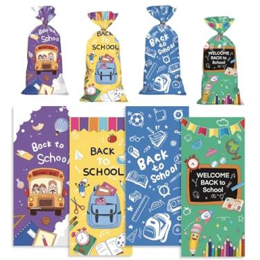 Imagem de 100 unidades de sacos de celofane de volta às aulas com laços torcidos 4 designs de ônibus escolar, lousa escolar, sacos de plástico para lembrancinhas de festa de volta às aulas, decorações