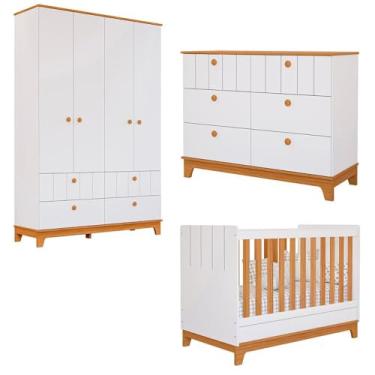 Imagem de Kit Quarto Infantil Biscoito Berço Colchão Cômoda Roupeiro Branco Acetinado/nature