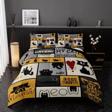 Imagem de Nttopship Jogo de cama casal com desenho animado de gato, coração e gato preto, 3 peças, para adolescentes, meninos, meninas, adultos, animais e 2 fronhas