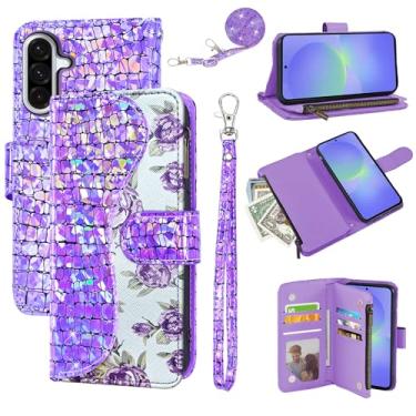 Imagem de Dibosom Capa carteira floral para Samsung Galaxy A16 5G/4G com alça de pulso alça de ombro flip zíper bolsa porta-cartão, capa de telefone de luxo PU com glitter brilhante para A 16 16A SM-A166U roxo