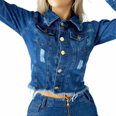 Imagem de Jaqueta Jeans Feminina Casual Premium Moda Azul Com Botões Lançamento 